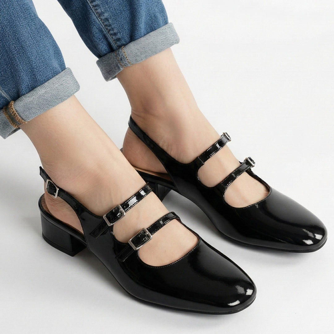 Women's Mary Jane heels with square toe, double strap & block heel; elegant workwear shoes for women.