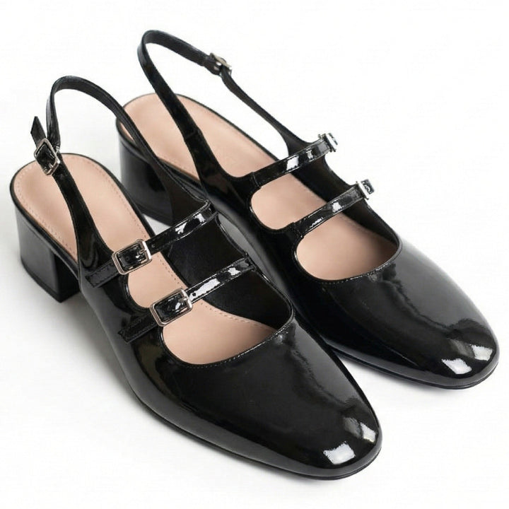 Elegant women's square toe Mary Jane heels with double strap and comfortable block heel; perfect for semi-formal.