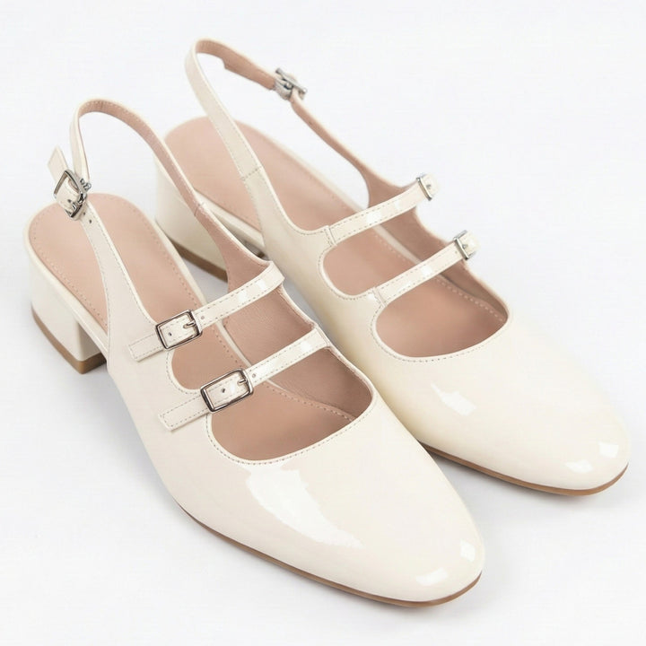 Professional women's Mary Jane heels with square toe, double strap, and block heel; ideal for elegant workwear outfits.