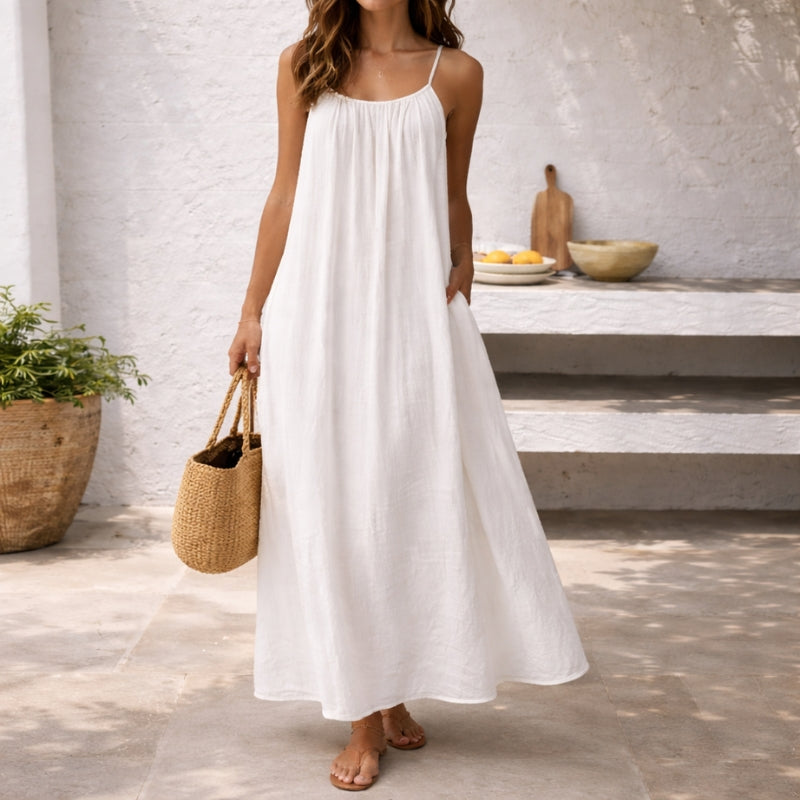 Elegant women's spaghetti strap maxi sundress for vacation & beach wear.