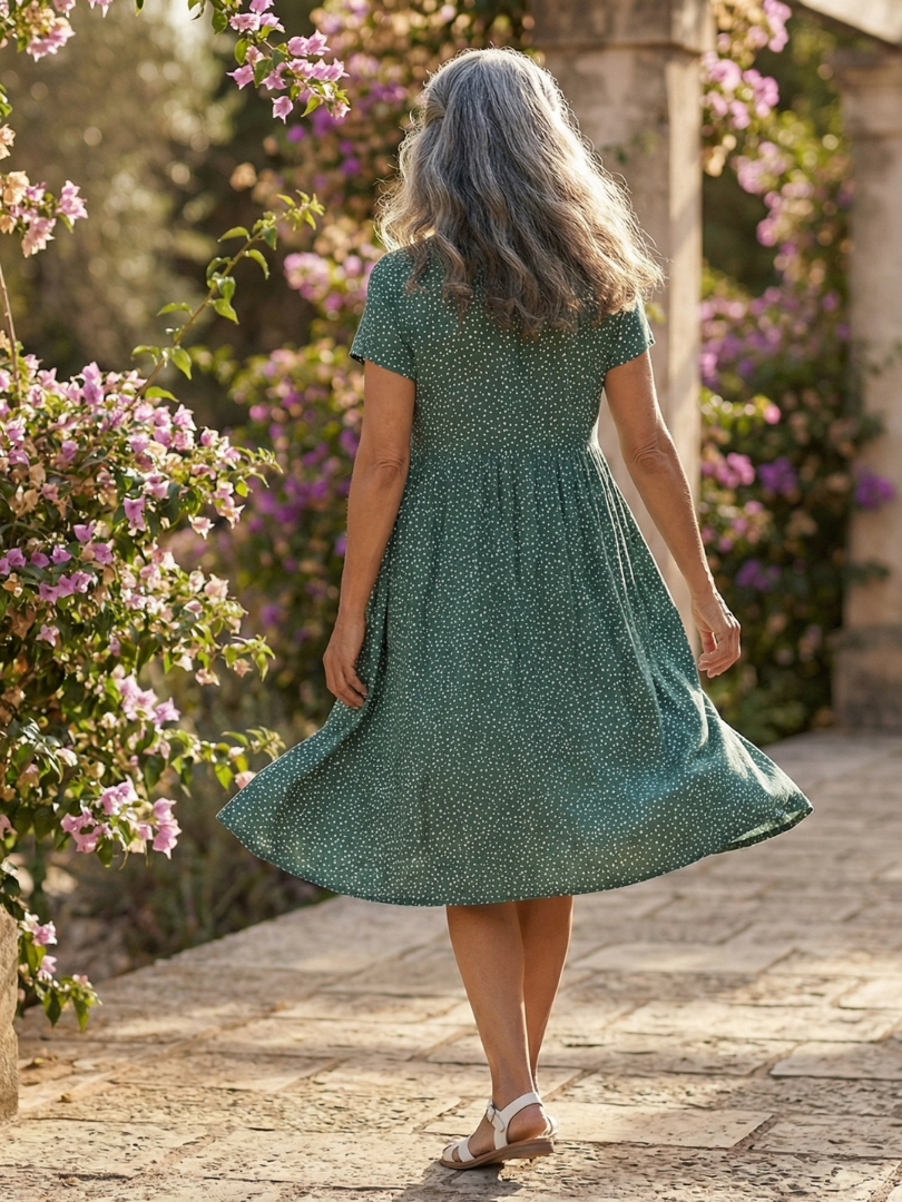 Meadow Drift dotted women's casual dress with a relaxed fit, short sleeve, knee-length for comfortable summer days.