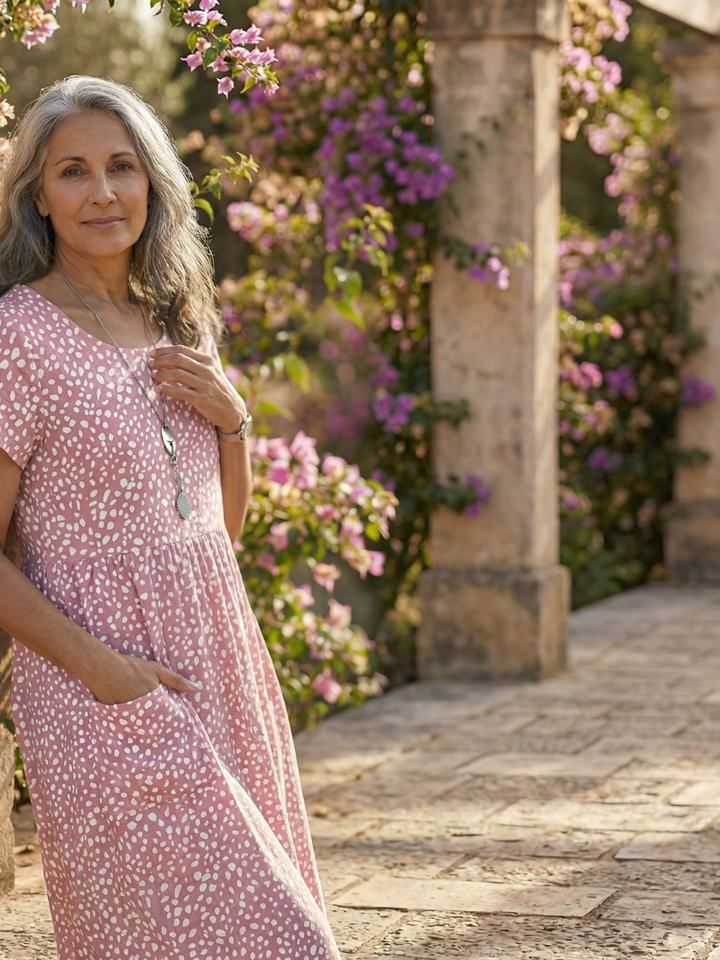 Women's flowy Meadow Drift dotted casual dress, short sleeve, knee length, perfect for relaxed summer days.