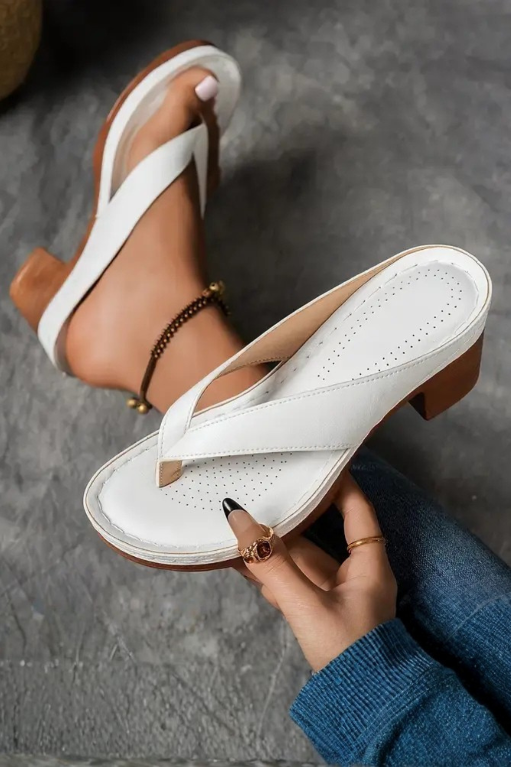 Metallic toe post block heel sandals, elegant women's footwear for summer comfort & style.