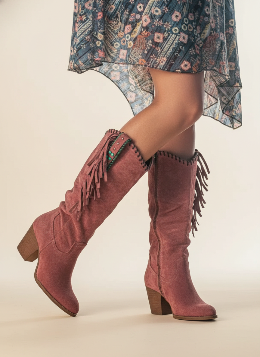 Women's mid-calf block heel boots with chic fringe detail. Perfect for autumn fashion.