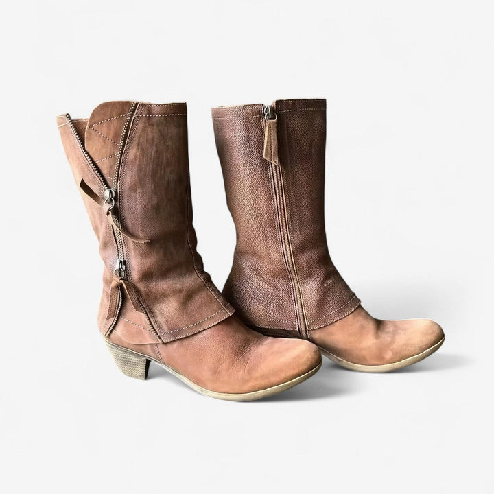 Women's mid-calf brown boots with side zip, block heel & rounded toe for casual fall style.