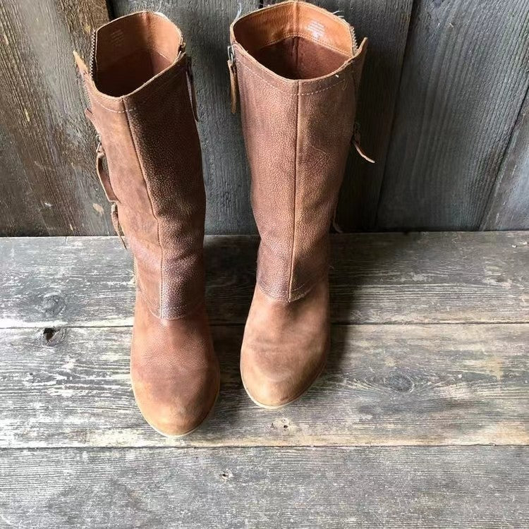Comfortable women's mid-calf brown boots with side zip. Perfect for everyday wear & fall fashion.
