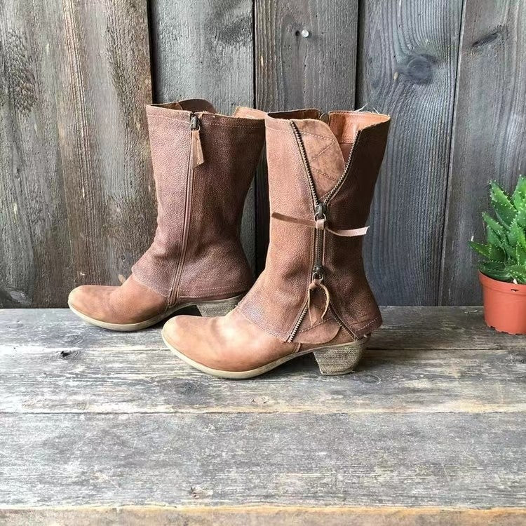Casual women's mid-calf brown boots, easy side zip. Versatile style with rounded toe & block heel.