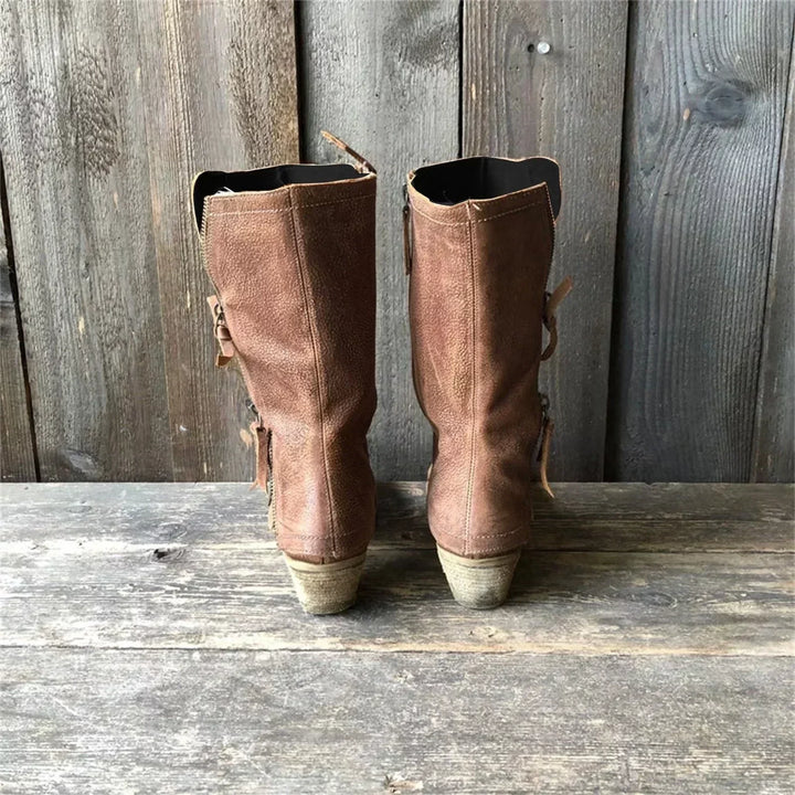Elegant brown mid-calf women's boots with side zip. Ideal for fall & winter, comfortable block heel.
