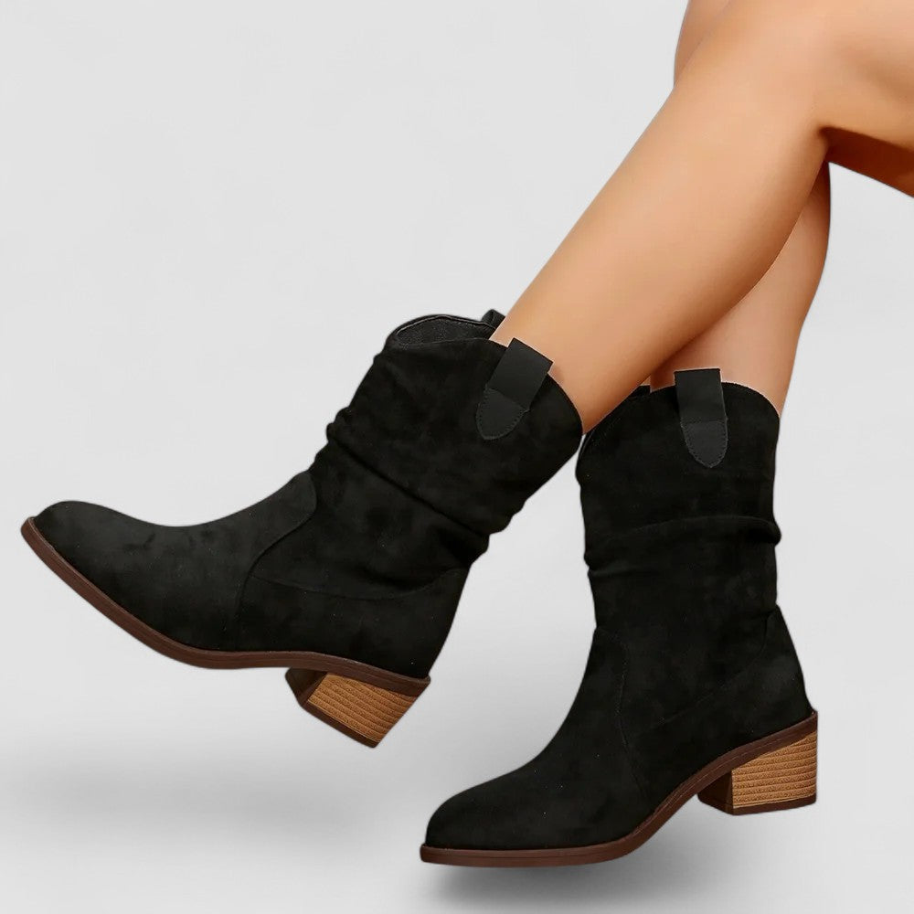 Elegant brown mid-calf heeled boots for women, featuring a comfortable design and sturdy heel.
