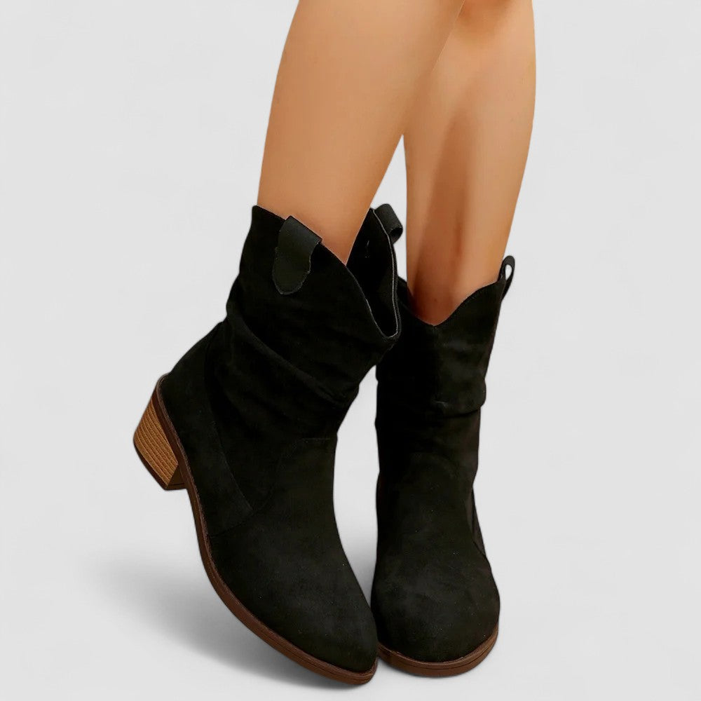 Comfortable women's mid-calf boots with pull tabs, ideal for everyday wear. Stylish and versatile fall footwear.