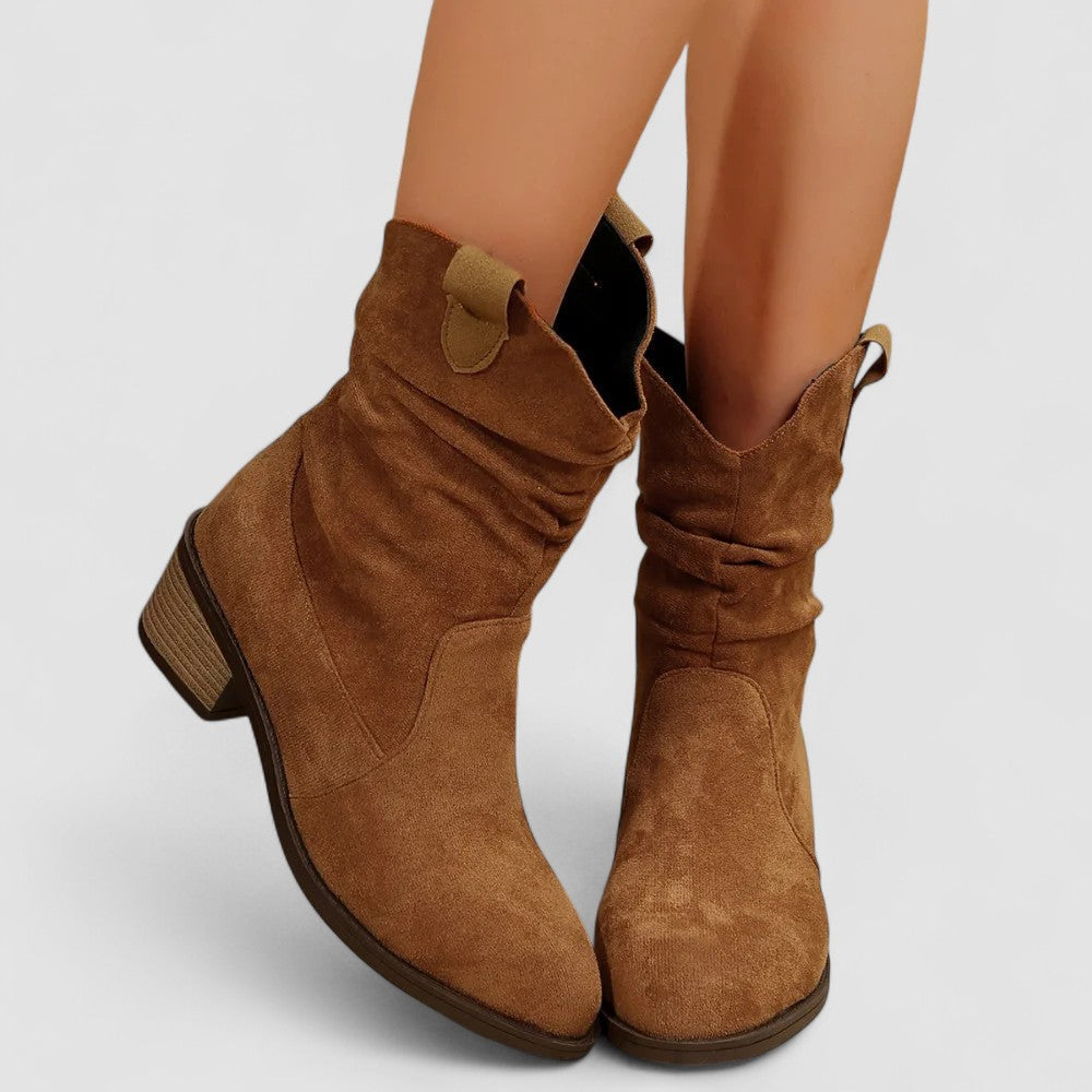 Chic women's heeled mid-calf boots, designed for elegant fall and winter outfits. Features easy-on pull tabs.