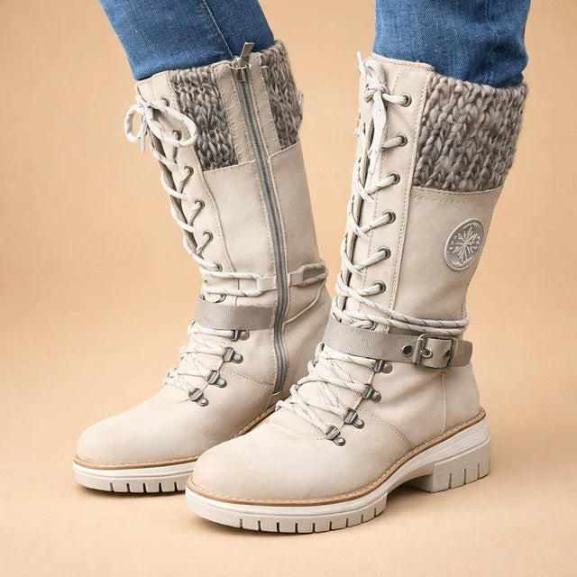 Women's mid-calf lace-up ankle boots with a stylish knitted collar, perfect for winter fashion.