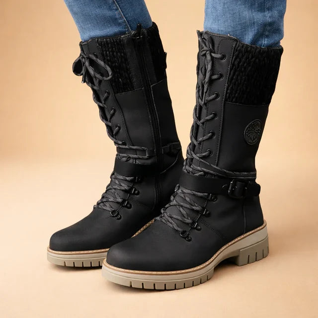 Stylish women's mid-calf lace-up boots with soft knitted collar, ideal comfortable footwear for cold weather.