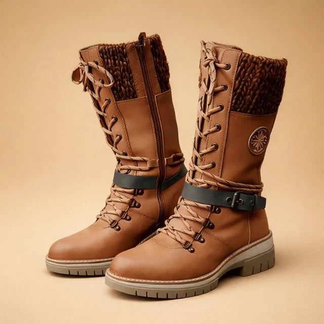 Close-up of women's lace-up mid-calf ankle boots, highlighting the cozy knitted collar & durable design.