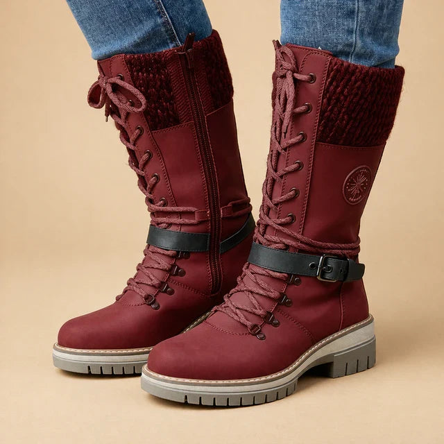 Elegant women's mid-calf lace-up boots featuring a warm knitted collar, versatile everyday winter footwear.