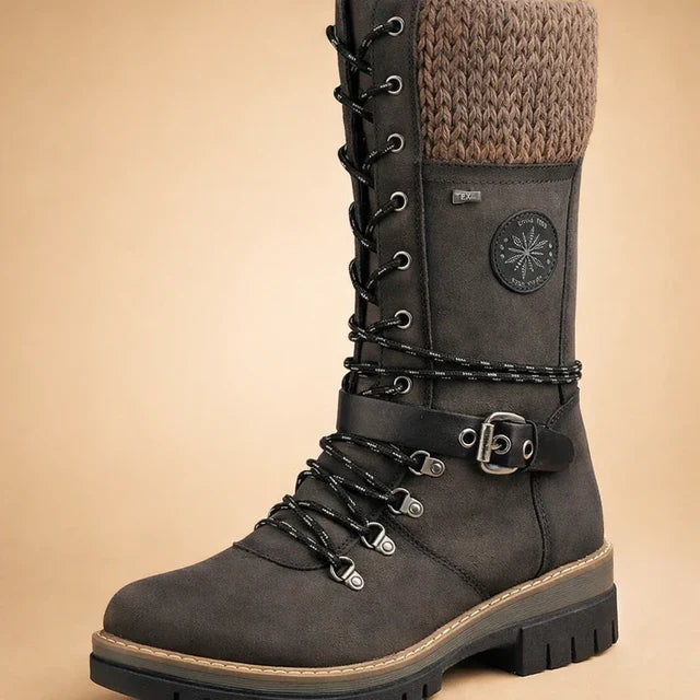 Comfortable women's mid-calf lace-up ankle boots with a trendy knitted collar for stylish cold-weather wear.