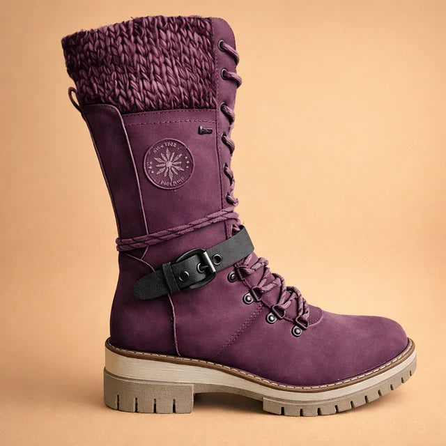Fashionable women's mid-calf boots, lace-up style with knitted collar, perfect for winter outfits & everyday comfort.