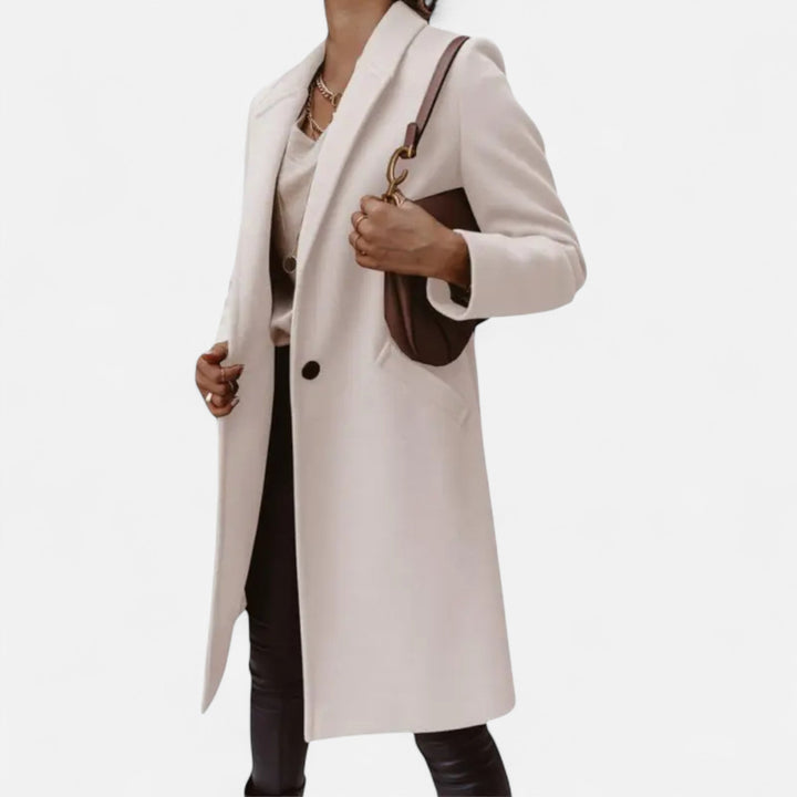 Women's mid-length classic wool blend coat in a solid color with elegant lapels.