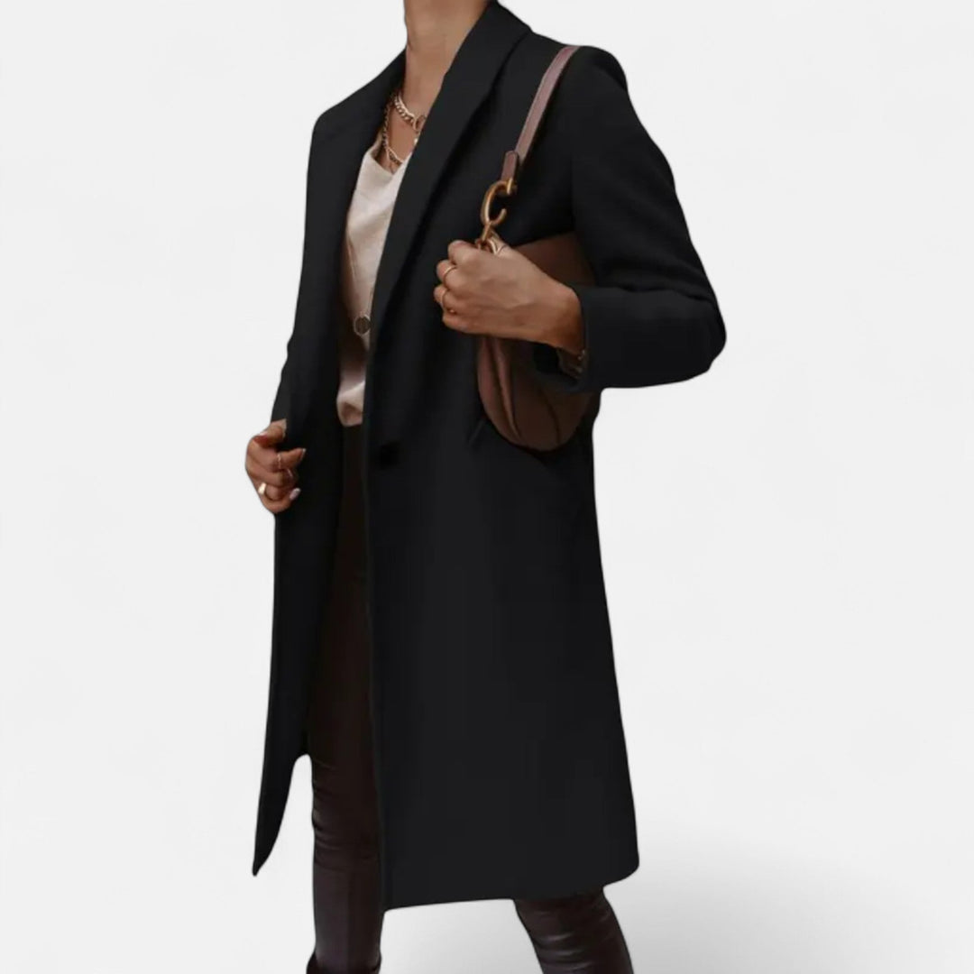 Stylish fall fashion for women: classic mid-length coat made from a soft wool blend with lapels.
