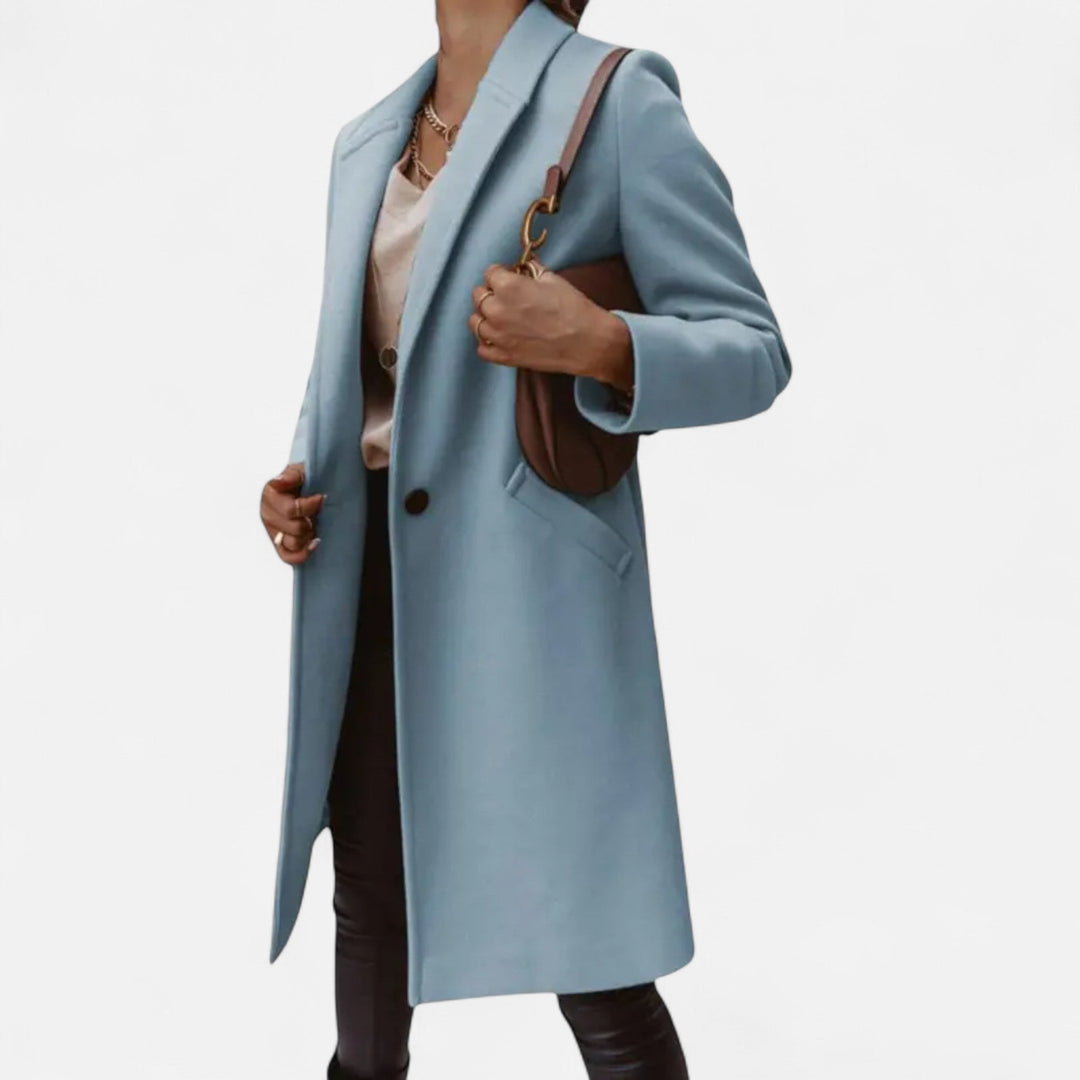 A sophisticated women's solid color coat, mid-length, wool blend, perfect for layering.