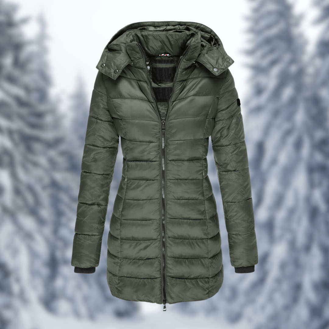 Women's mid-length winter coat with a detachable hood, providing warmth and style for cold weather.