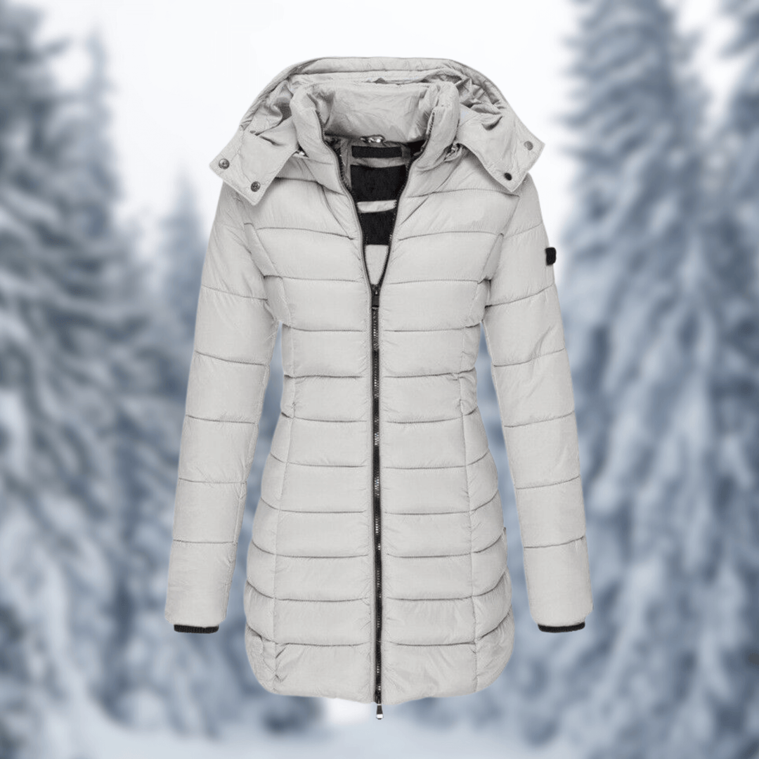 Warm women's mid-length winter jacket featuring a versatile detachable hood, ideal for cold weather outerwear.