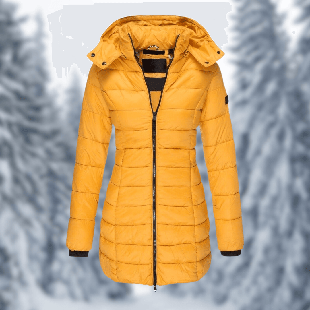 Stylish women's mid-length coat with a detachable hood, perfect for fall fashion and versatile layering.