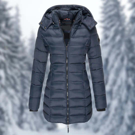 Feminine mid-length winter coat for women, offering cozy warmth and a chic look with its detachable hood.