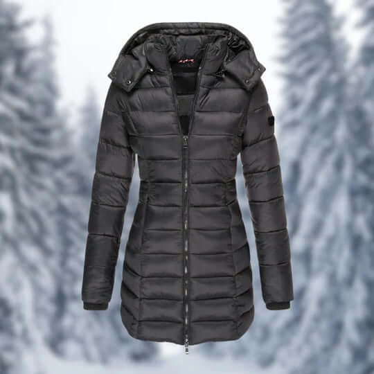 Versatile women's mid-length hooded winter coat, designed for ultimate comfort and protection in cold weather.