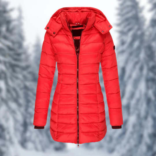 Elegant women's mid-length winter jacket with a detachable hood, combining sophistication and warmth.