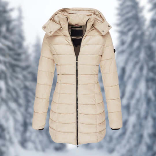 Women's mid-length outerwear jacket with a detachable hood, a stylish and warm choice for winter fashion.