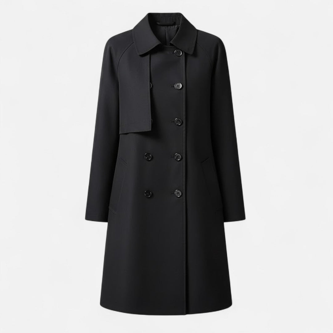 Women's mid-length wool-blend trench coat in classic black, perfect for elegant outerwear.