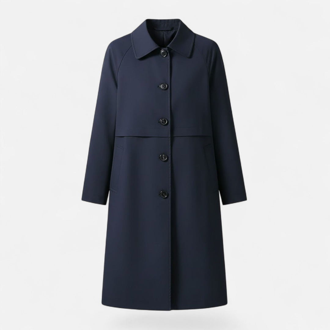 Chic women's trench coat crafted from a warm wool blend, featuring a sophisticated mid-length cut.