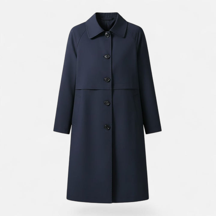 Chic women's trench coat crafted from a warm wool blend, featuring a sophisticated mid-length cut.