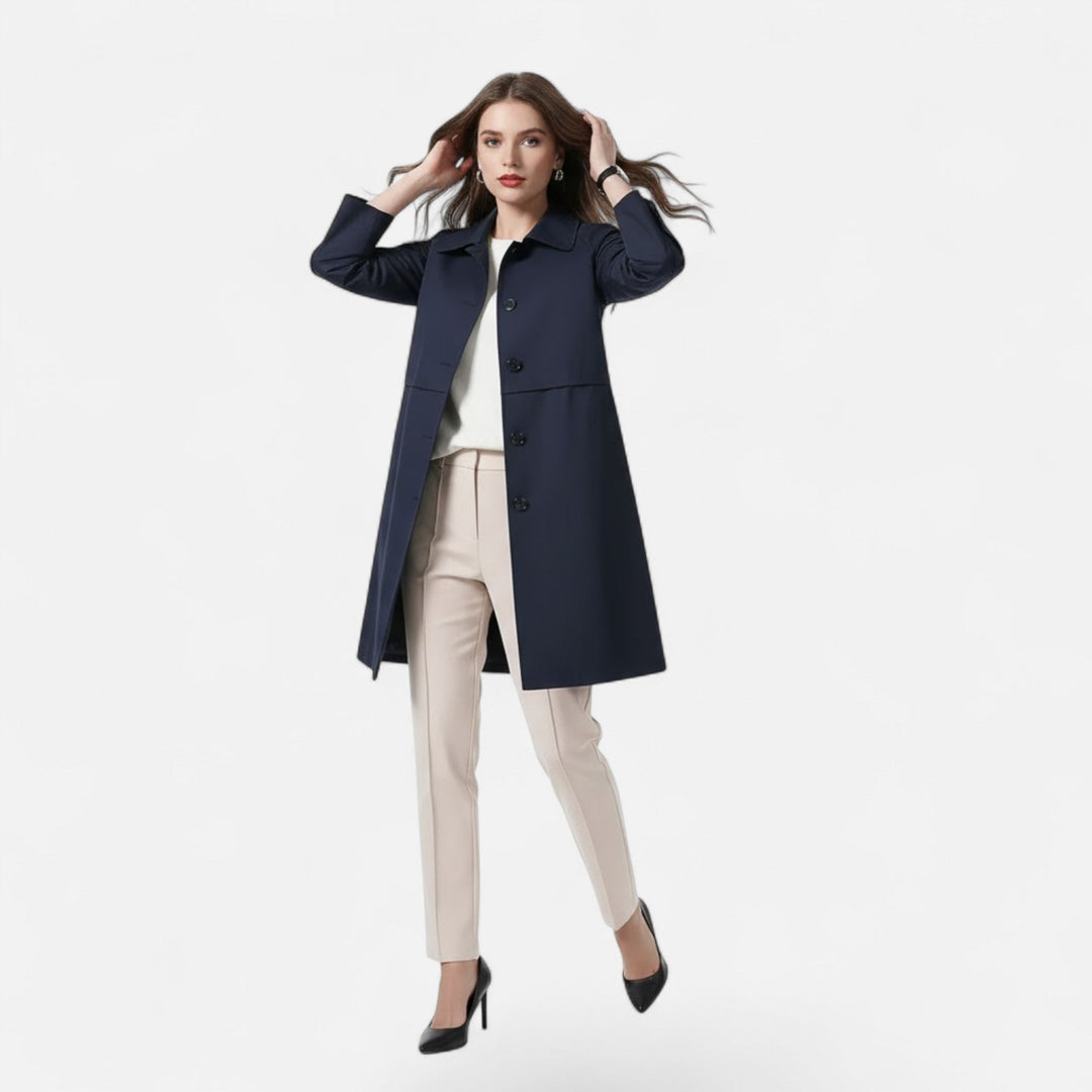 Shop this classic women's wool-blend trench coat, offering timeless style and mid-length coverage.