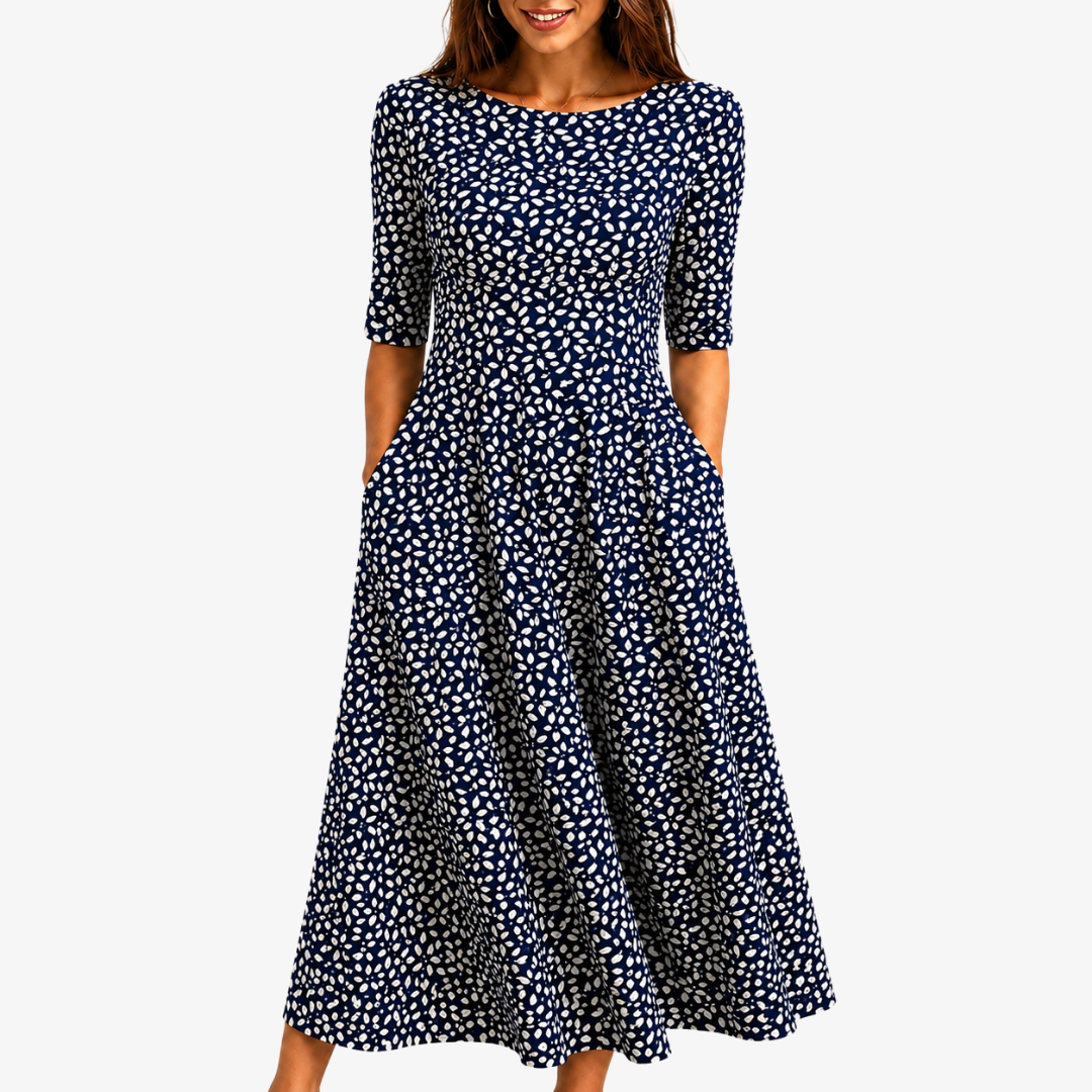 Women's Midnight Bloom floral maxi dress with pockets. Elegant, flowy, and comfortable for summer or casual wear.