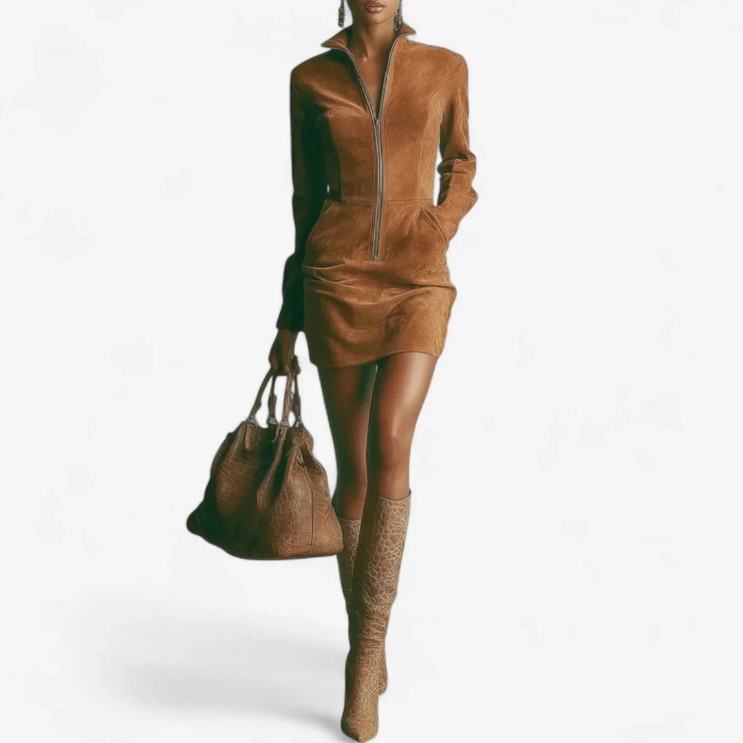 Women's mini full-zip dress with stand collar & long sleeves, versatile day-to-night modern style.