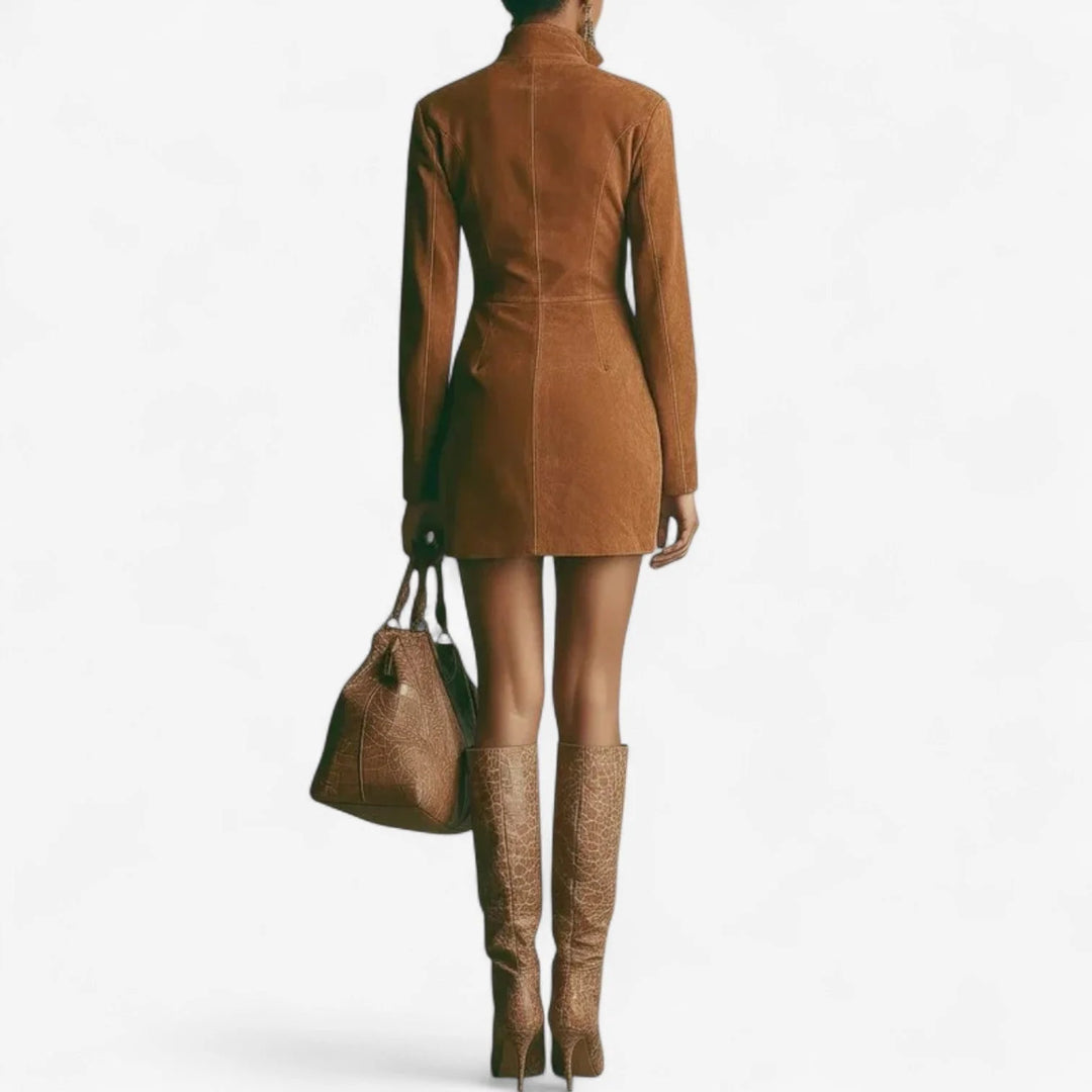 Chic women's long sleeve mini dress, full-zip design & stand collar for elegant fall/winter fashion.