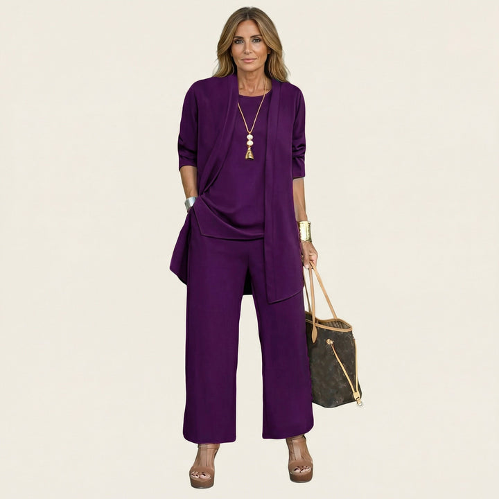 Women's 3 piece set: minimalist vest, blouse & wide-leg pants. Perfect for office or travel.