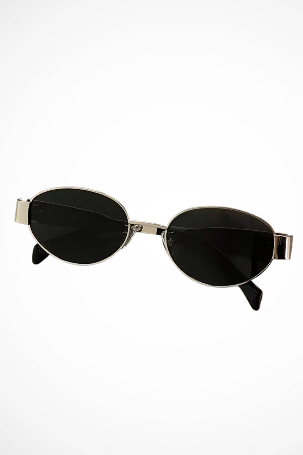 Fashionable women's oval metal frame sunglasses. Elegant, classic & lightweight eyewear with dark lenses.