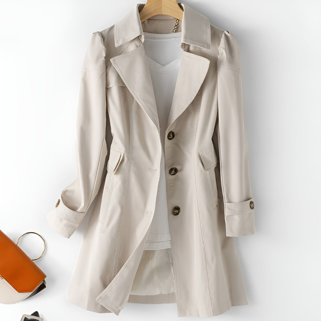 Women's modern open-collar trench coat with button front, perfect for versatile spring and autumn fashion.