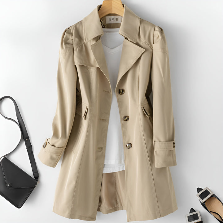 Elegant women's open-collar trench coat, button-front design. Chic classic outerwear for ladies' spring fashion.