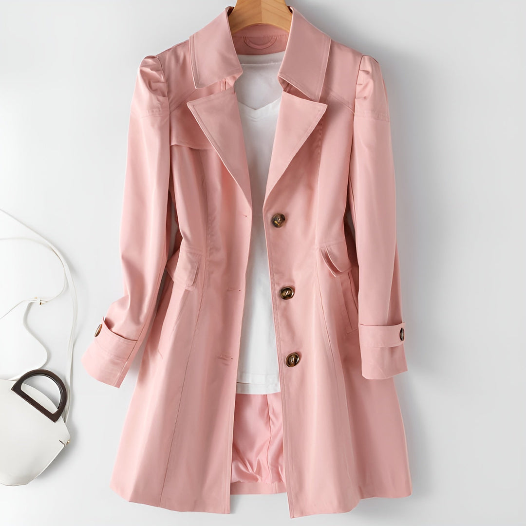 Versatile women's trench coat featuring a modern open collar & button front. Ideal lightweight jacket for autumn/spring.