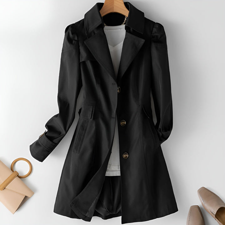 Chic women's open-collar trench coat with stylish button front. A classic, lightweight jacket for elegant spring looks.
