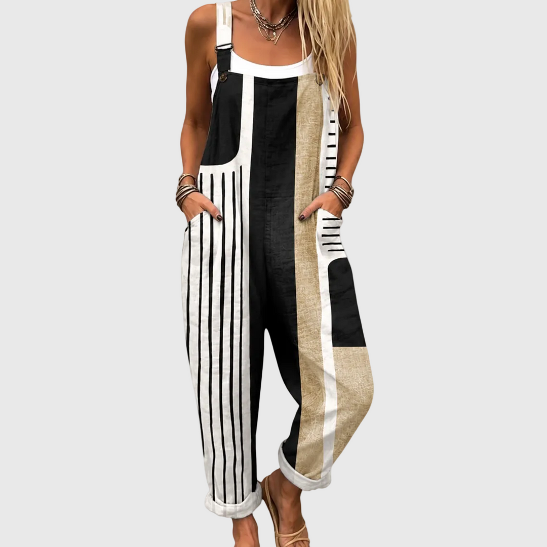 Women's modern patchwork comfort overalls with geometric patterns, relaxed fit, adjustable straps, and pockets.