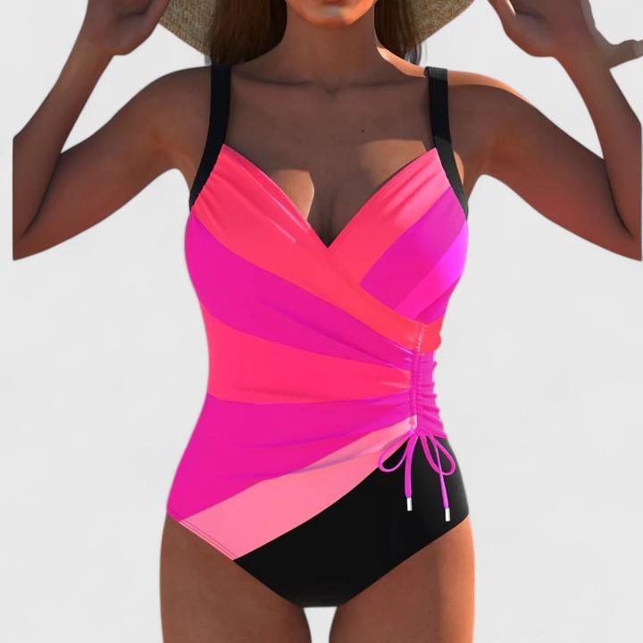 Vibrant modern print women's swimsuit, a flattering one-piece for beach, pool & vacation. Stylish summer wear.