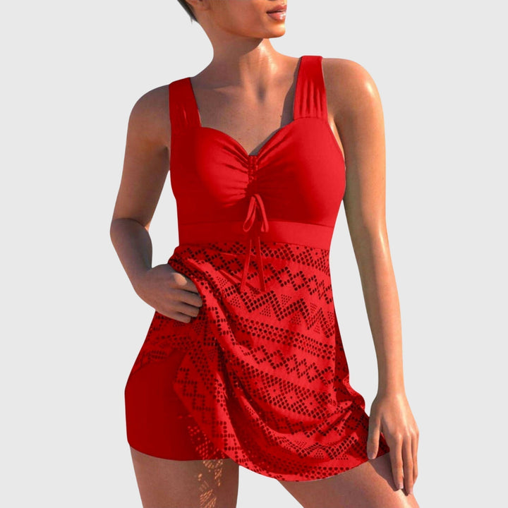 Women's modest two-piece swim skirt set, ideal for vacation outfits, poolside elegance & resort wear.