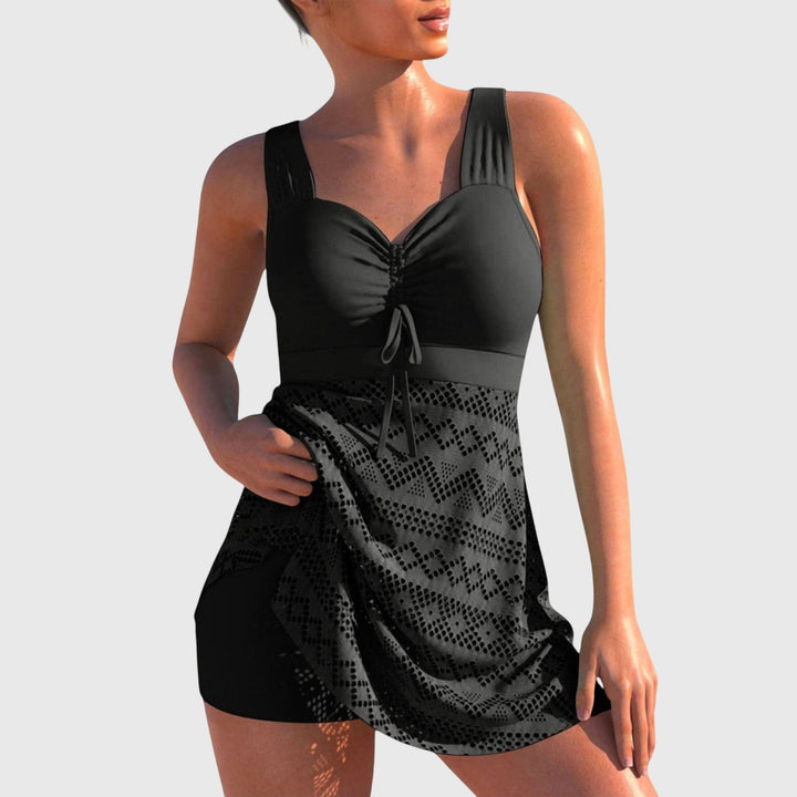 Modest women's two-piece swim skirt set for elegant beach, poolside, and summer fashion resort wear.