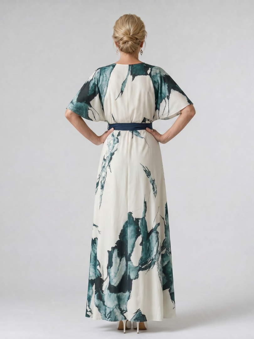 Women's multi-color abstract print flutter sleeve maxi dress with belted waist. V-neck for summer elegance.