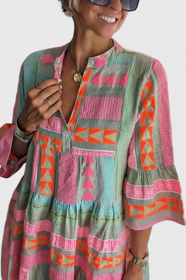 Women's multi-color tiered boho swing dress, comfortable and flowy, perfect for casual summer wear or vacation.